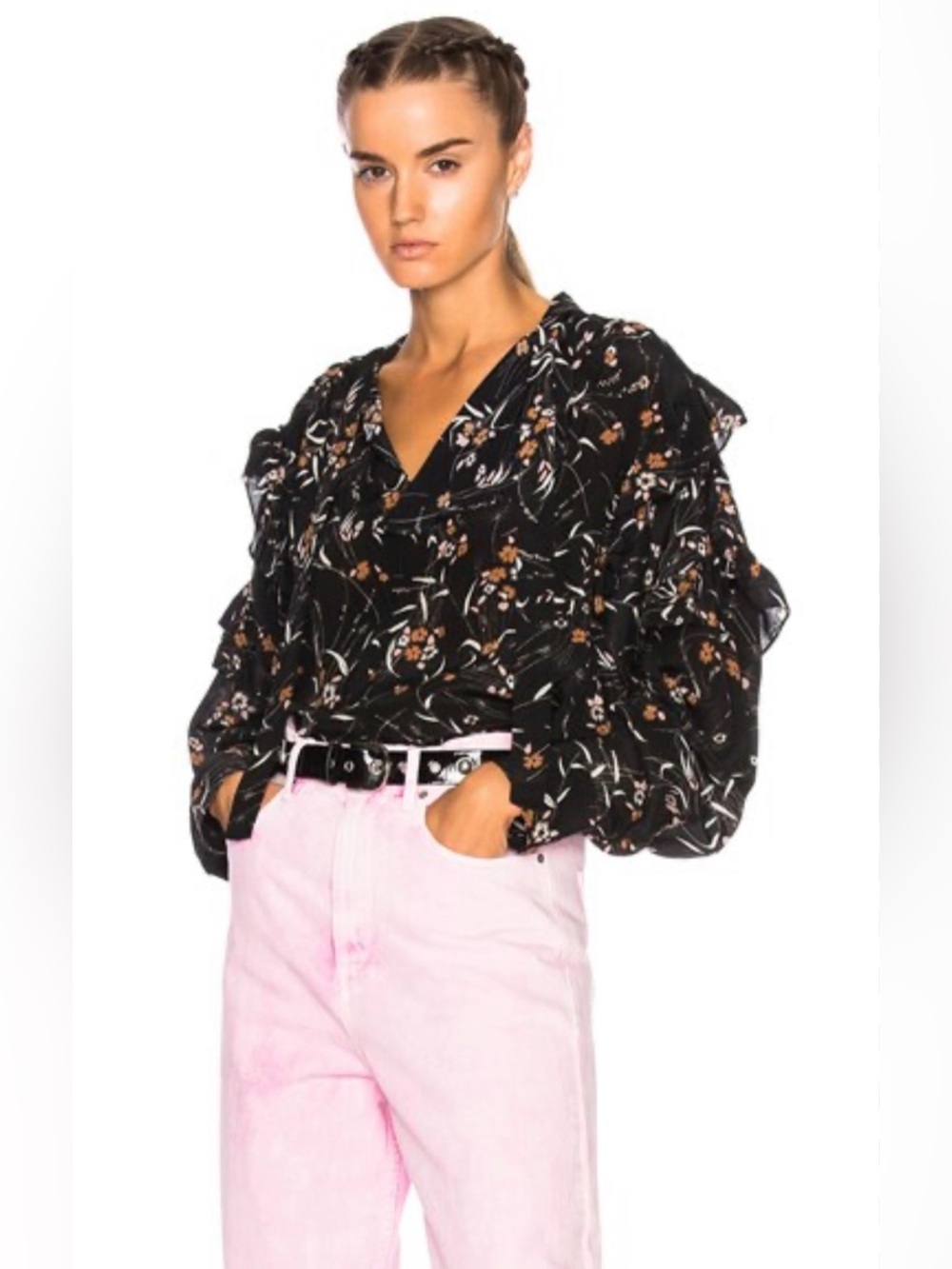 ISABEL MARANT Sibel Ruffled Floral-Print Silk Blouse size 10